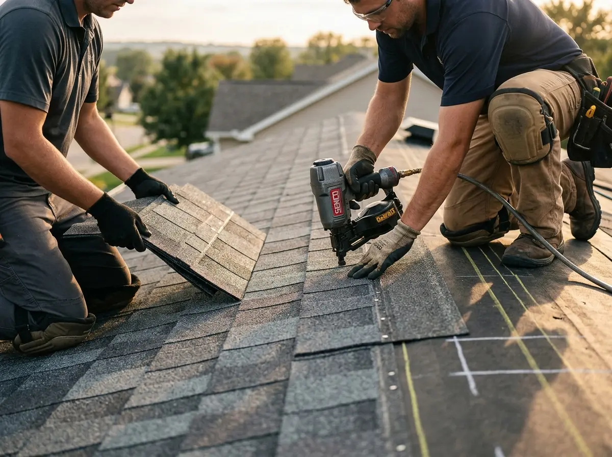 Professional roofer working on a residential roof in Atoka